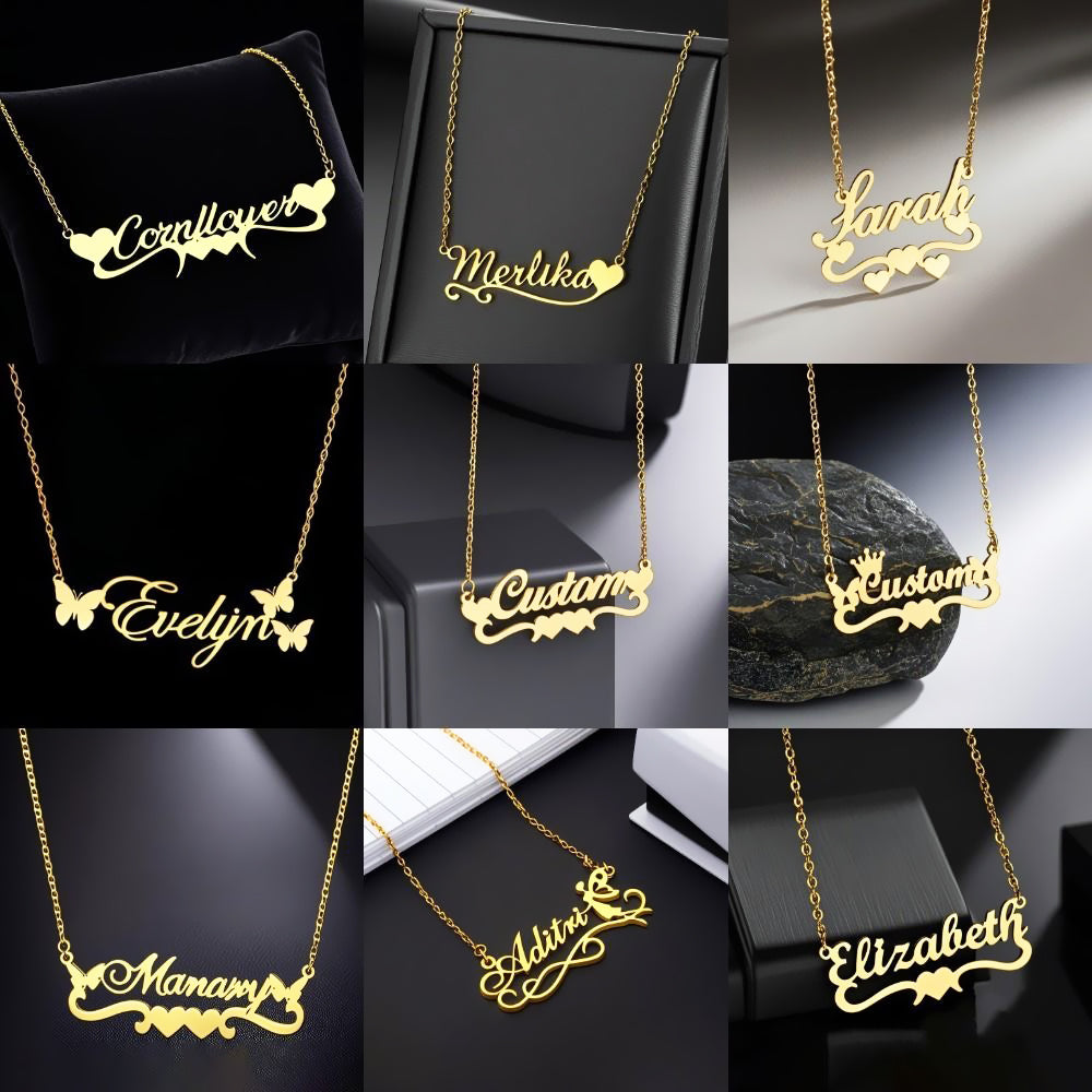 Double Heart Name Necklace Personalised engraving Personalised Necklace